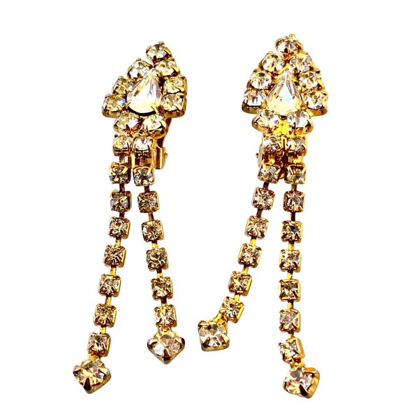 Vintage Earrings Gold-tone Crystal Rhinestones Dangle Drop Prong Set Clip-On - Picture 9 of 11